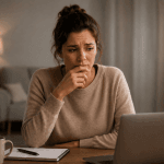 Woman feeling anxious about saying no while working at a laptop, illustrating the challenge of setting healthy boundaries and prioritizing personal well-being.