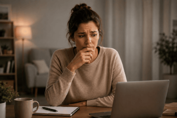 Woman feeling anxious about saying no while working at a laptop, illustrating the challenge of setting healthy boundaries and prioritizing personal well-being.