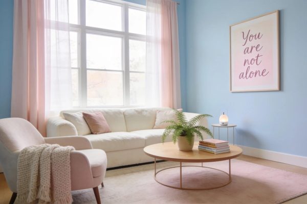 Peaceful therapy office in Guelph for postpartum depression counseling, featuring soft pastel decor, comfortable seating, and a framed wall sign reading "You are not alone