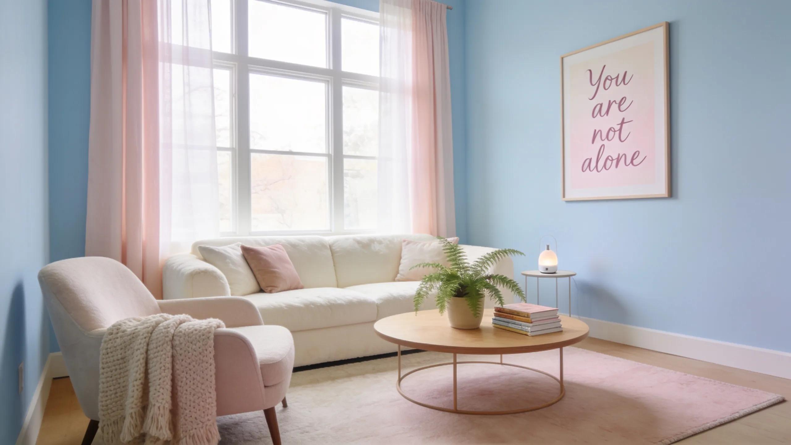 Peaceful therapy office in Guelph for postpartum depression counseling, featuring soft pastel decor, comfortable seating, and a framed wall sign reading "You are not alone