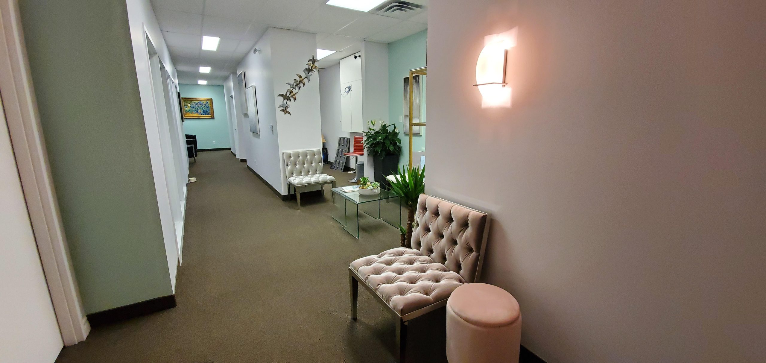 Modern hallway with seating, plants, and artwork on the walls