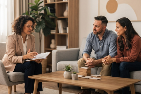 A professional therapist speaking with a couple sitting on a couch during an affordable counseling session.