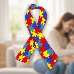 Colorful autism awareness ribbon made of red, yellow, blue, and green puzzle pieces in the foreground, with a softly blurred happy family of three sitting close together on a couch in a bright, modern living room.