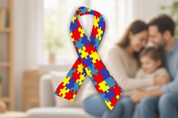 Colorful autism awareness ribbon made of red, yellow, blue, and green puzzle pieces in the foreground, with a softly blurred happy family of three sitting close together on a couch in a bright, modern living room.