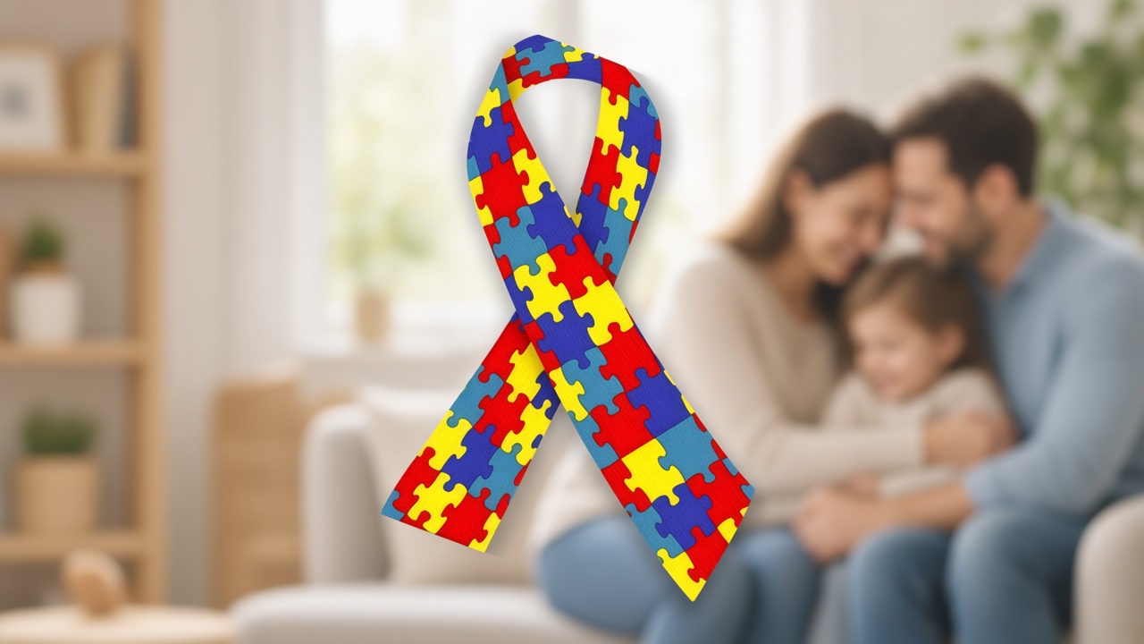 Colorful autism awareness ribbon made of red, yellow, blue, and green puzzle pieces in the foreground, with a softly blurred happy family of three sitting close together on a couch in a bright, modern living room.