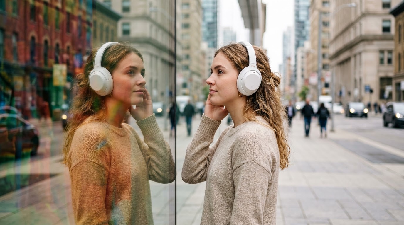 Young woman wearing noise-cancelling headphones beside a glass wall, her reflection showing richer color and sensory detail, representing autism-support sensory tools