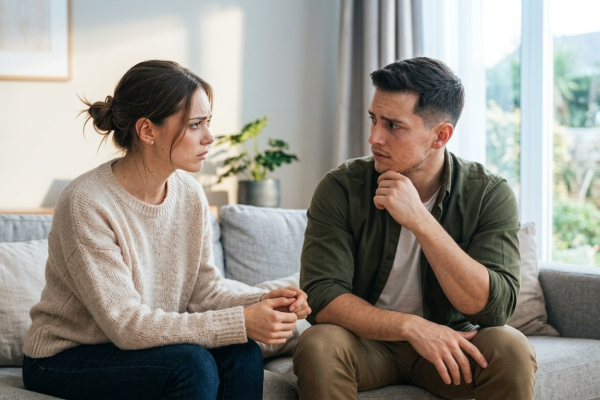 Couple sitting on a sofa in a bright living room, engaged in an empathetic, serious conversation about coping with anxiety and depression