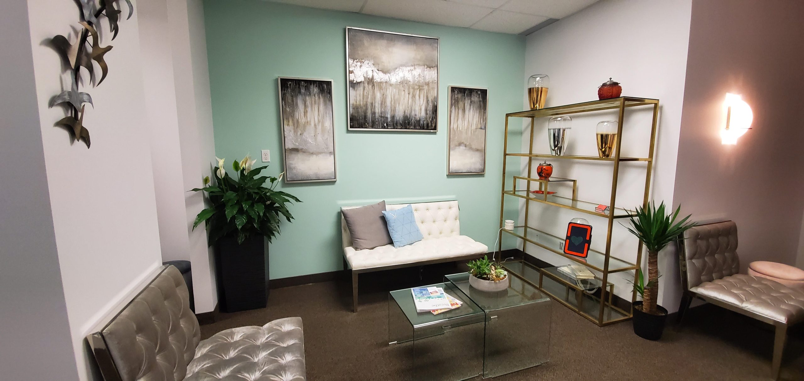 Modern waiting room with seating, decorative plants, and abstract artwork