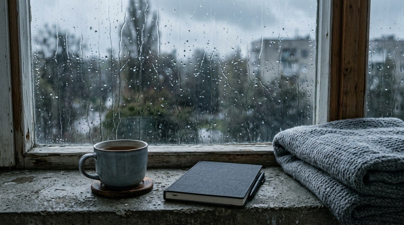 Rain-streaked window with cooled tea, closed notebook and folded grey blanket on the outdoor ledge under soft overcast light