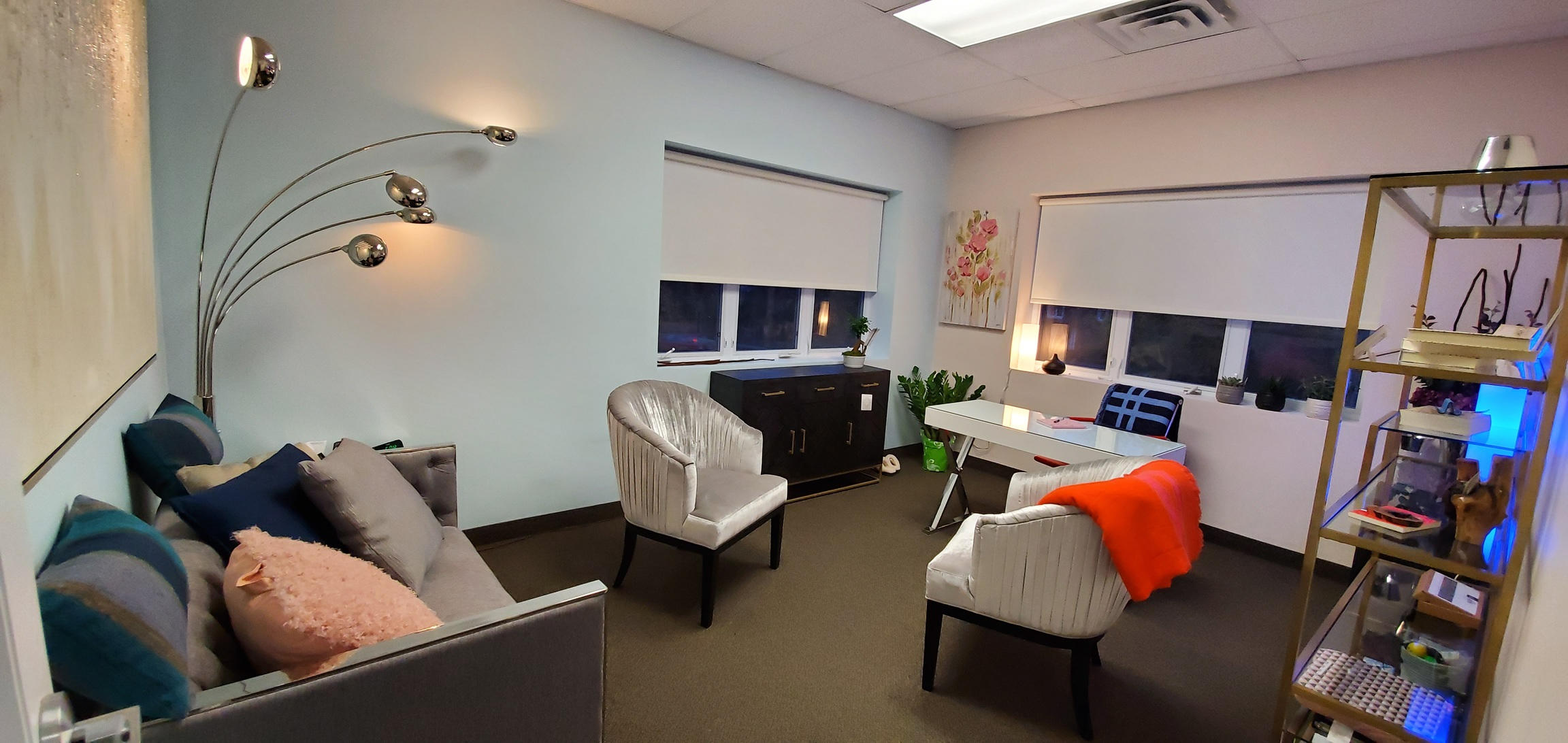 Modern office interior with a sofa, chairs, and decorative plants