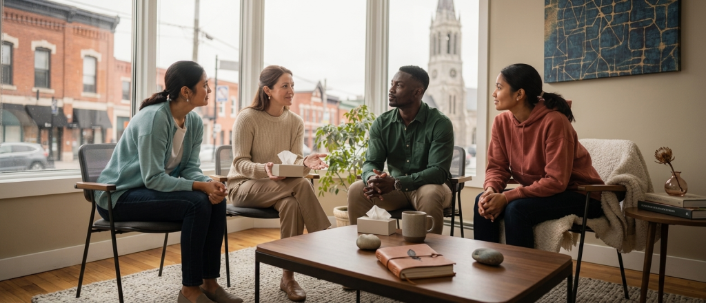 Diverse group sitting in a circle during a supportive emotional trauma therapy session at Trickett Counselling in Guelph.