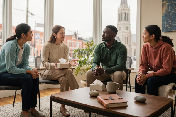 Diverse group sitting in a circle during a supportive emotional trauma therapy session at Trickett Counselling in Guelph.