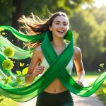 A smiling woman running in a sunny park wrapped in a flowing green mental health awareness ribbon, surrounded by butterflies and green flowers.