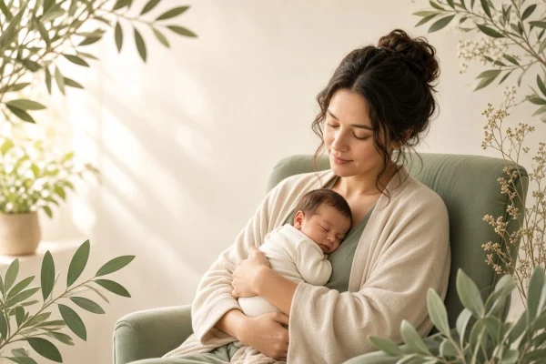 New mother holding her sleeping baby during postpartum counselling support in Guelph