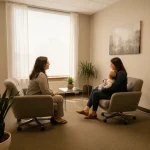 Therapist supporting a new mother during a postpartum counselling session