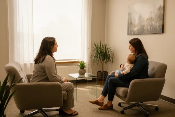Therapist supporting a new mother during a postpartum counselling session