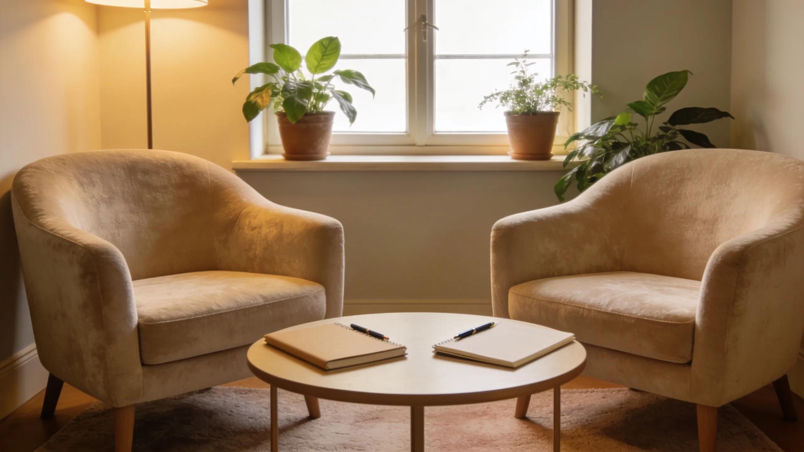 Welcoming therapist&rsquo;s office designed for couples counselling, embodying a supportive therapeutic environment.