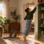 Canadian woman reaching for a red book on a high shelf beside a broken green chair, symbolizing barriers to accessing mental health support.