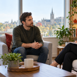Adult client speaking with a female psychotherapist in a warm counselling office about anxiety support and access to therapy in Guelph, Ontario