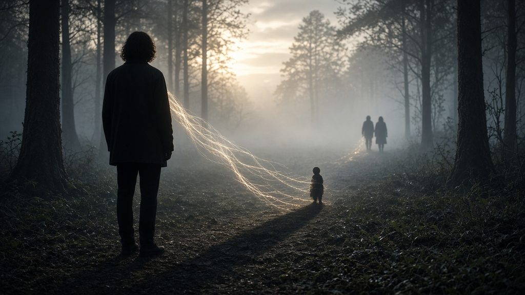 Symbolic image of an adult&rsquo;s shadow connected by glowing threads to a child silhouette, representing how emotional trauma and childhood experiences shape current relationships