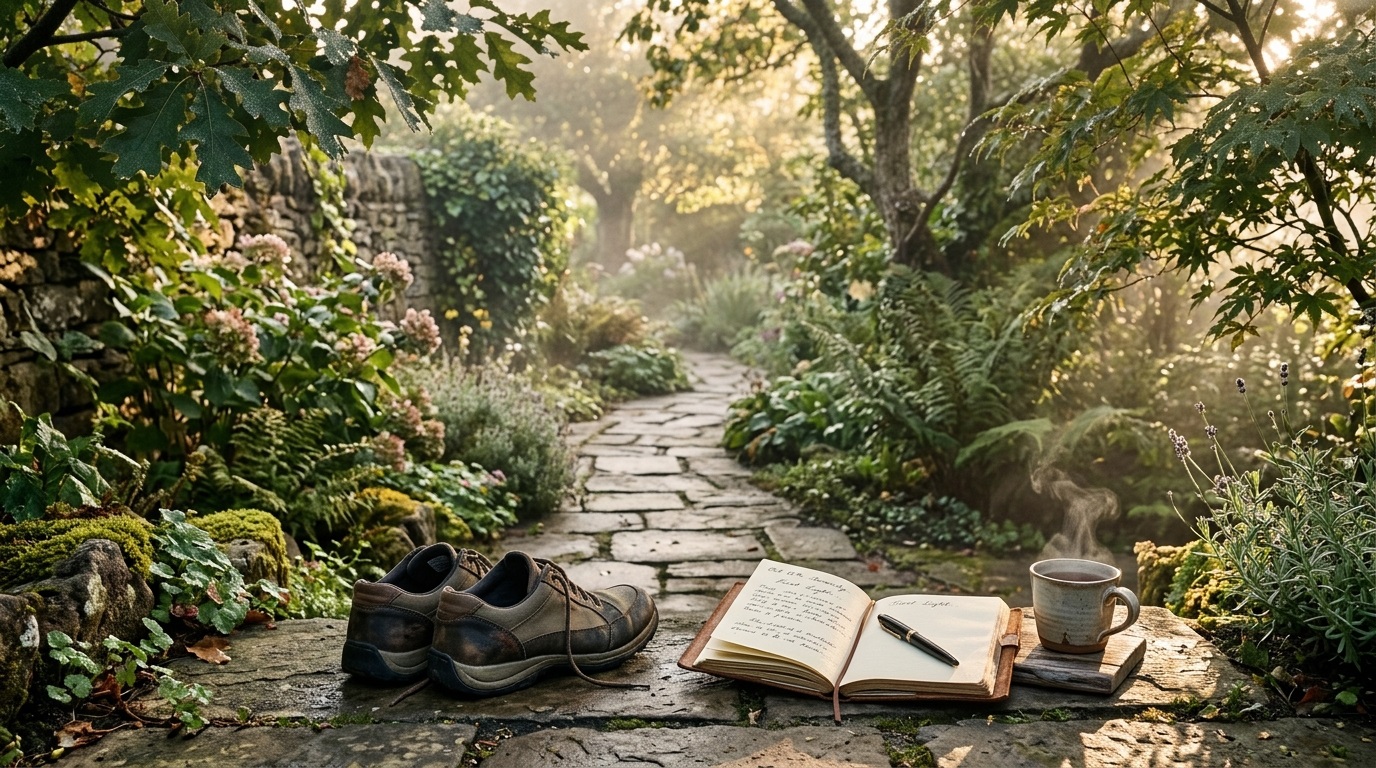 Quiet garden path at dawn with a cup, journal, and walking shoes, symbolizing a supportive routine between counselling sessions