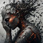 Surreal artwork of a woman&rsquo;s shattered silhouette with cracked concrete texture and glowing fiery fractures, head bowed in anguish showing Emotional Trauma.