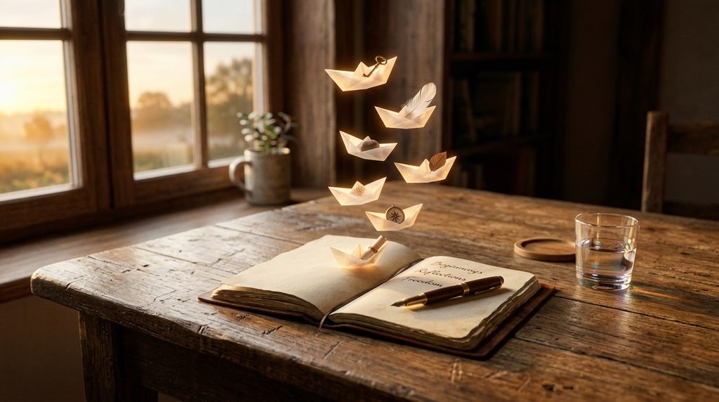 Open notebook with soft light and floating paper boats carrying symbolic objects, representing preparation for trauma recovery counselling