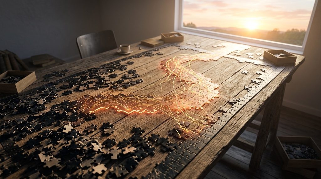 Aerial view of a partially completed glowing puzzle forming a path toward light, symbolizing the development of a trauma recovery counselling plan