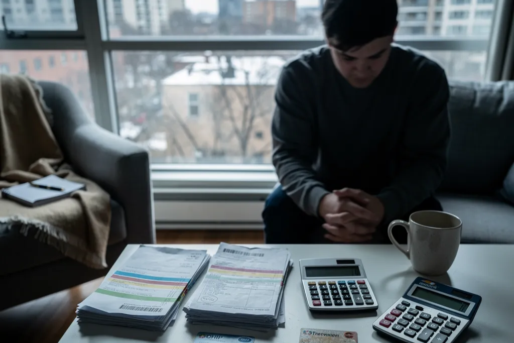Therapy bills, calculator and wallet on a table while a person sits worried in the background, representing anxiety about mental health care costs.