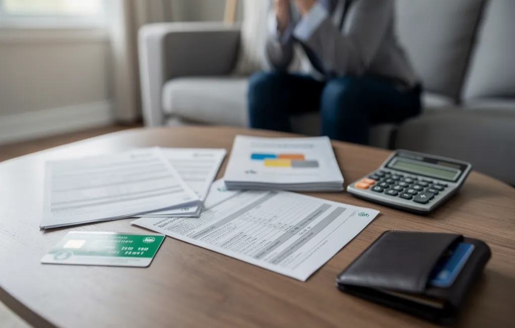 Person sitting behind therapy bills and calculators, representing the financial burden of paying for anxiety counselling in Ontario.
Description: