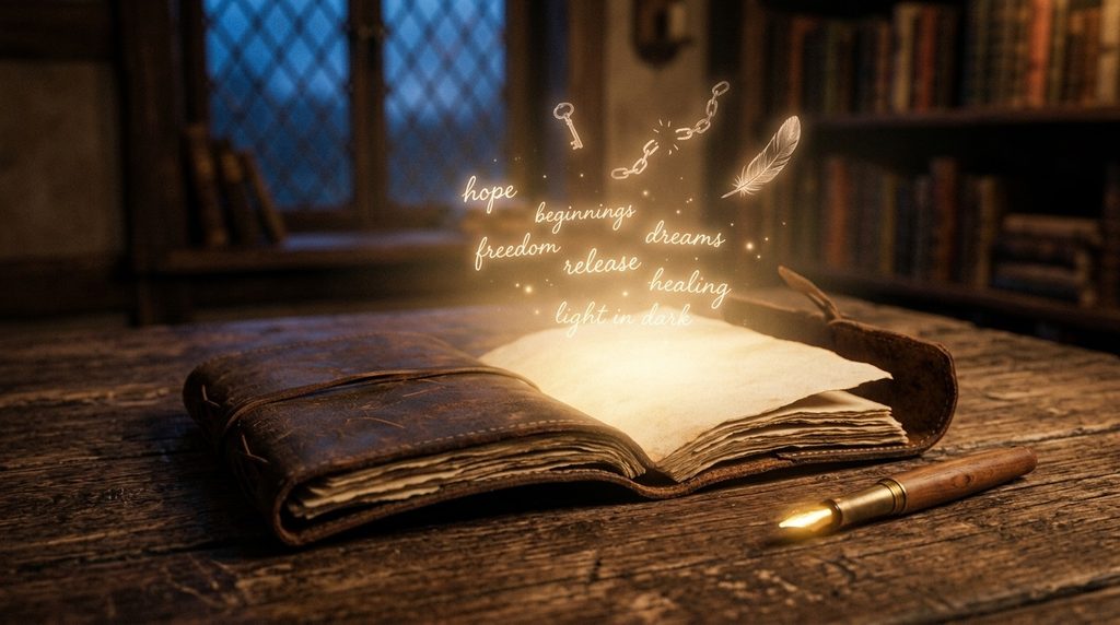 Open journal with soft golden light and floating symbols rising from the pages, symbolizing preparation before contacting a counsellor for Emotional Trauma counselling.